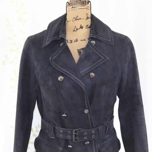 Vintage 1960s Mod Aleksander Norway Blue Lamb Leather Belted Jacket Women's S - Picture 2 of 16